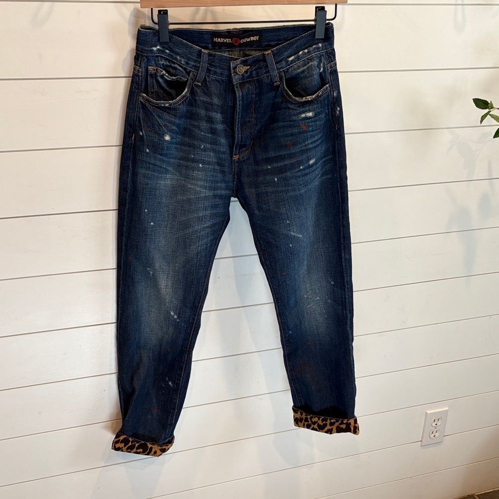 Women’s Marvel Cowboy Blue Jeans with Leopard Print Cuffs
